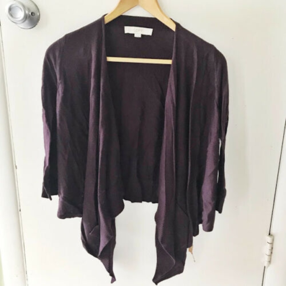 Ann Taylor LOFT Womens Cardigan Sz XS Purple Sweater Open Front Drape Wool